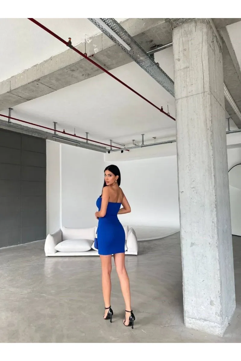 Kadın Bohem V Yaka Straplez Mini Abiye Elbise görsel 5