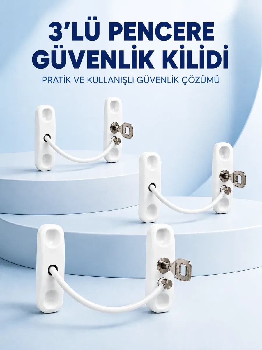 3 Adet Pencere Güvenlik Kilidi Esnek Bağlantılı Anahtarlı Koruma Seti