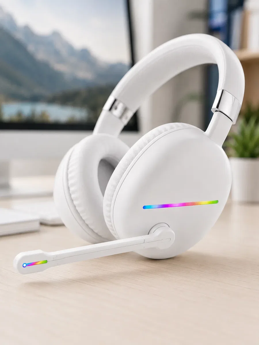 RGB Işıklı Mikrofonlu Bluetooth Kulaklık Beyaz Over-Ear Tasarım Type-C Şarjlı görsel 3