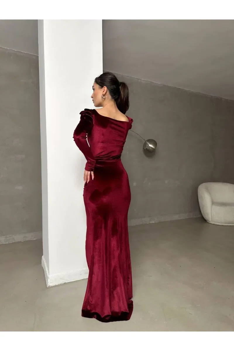 Kadın El Emeği Mezuniyet Elbisesi Kare Yaka Uzun Kol Balık Kesim Abiye Elbise görsel 4