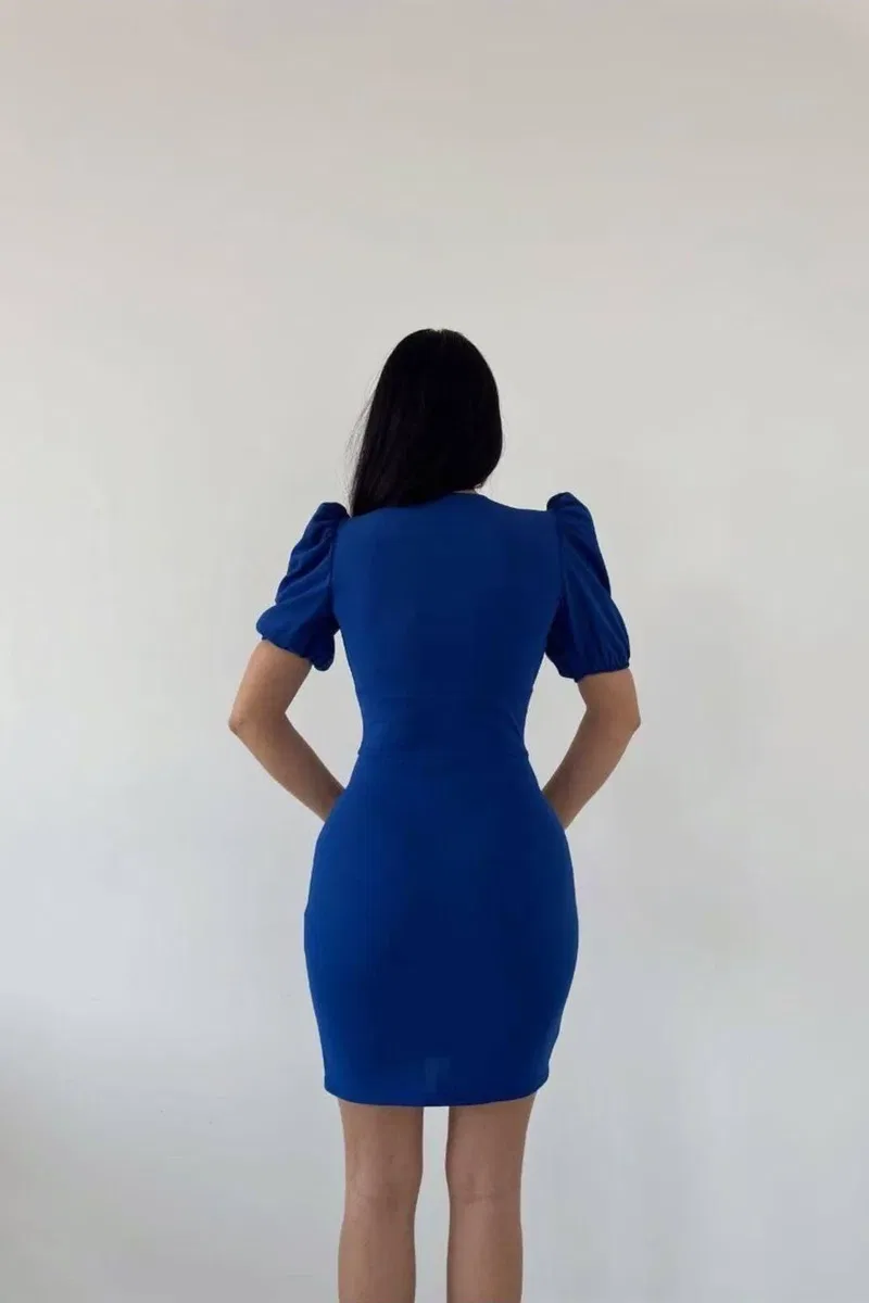 Kadın V Yaka Pile Detaylı Mini Abiye Elbise görsel 3
