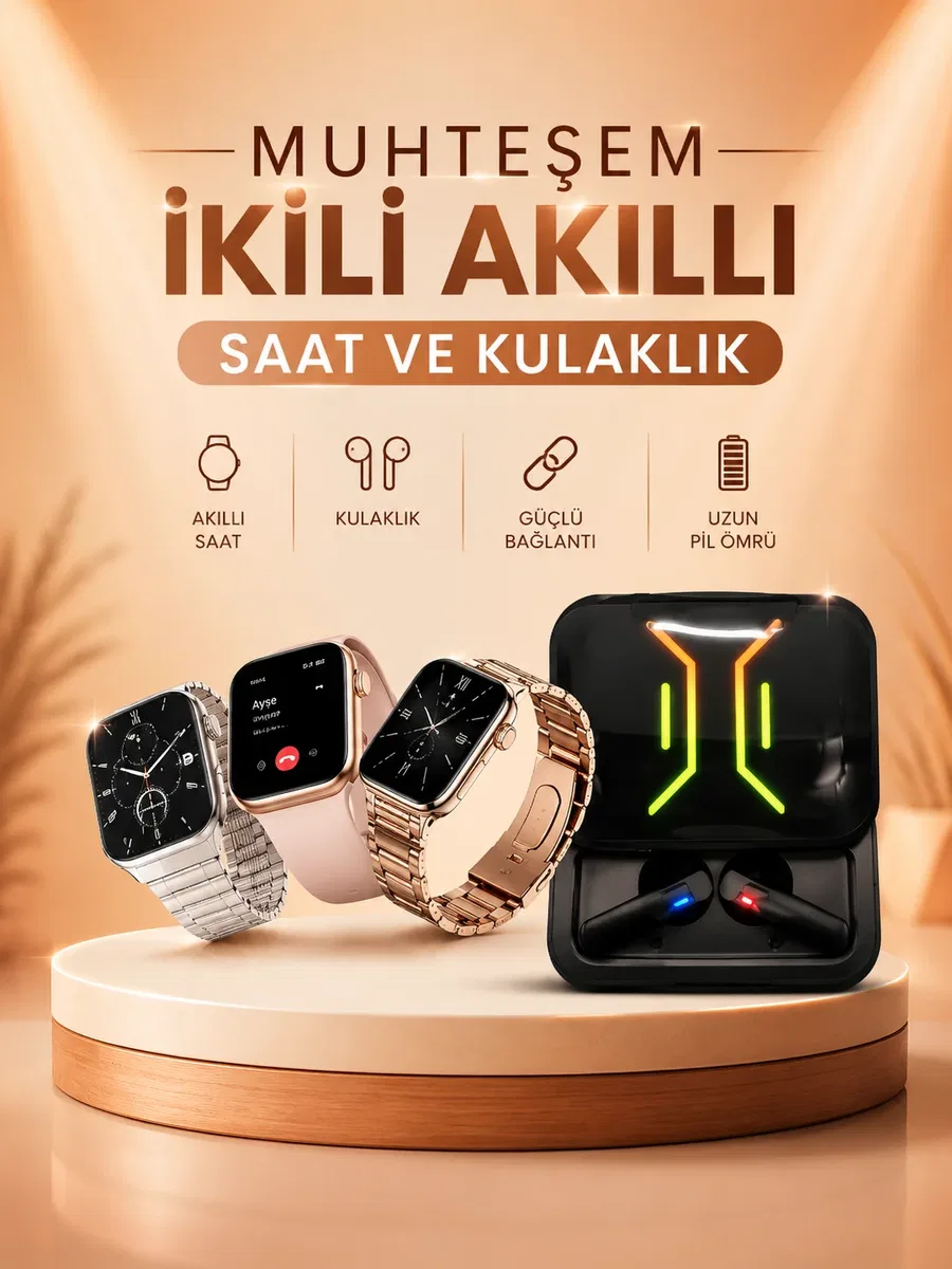 Wireless Şarjlı Akıllı Saat ve Dijital Göstergeli Kablosuz Bluetooth Kulaklık Nabız Ölçer