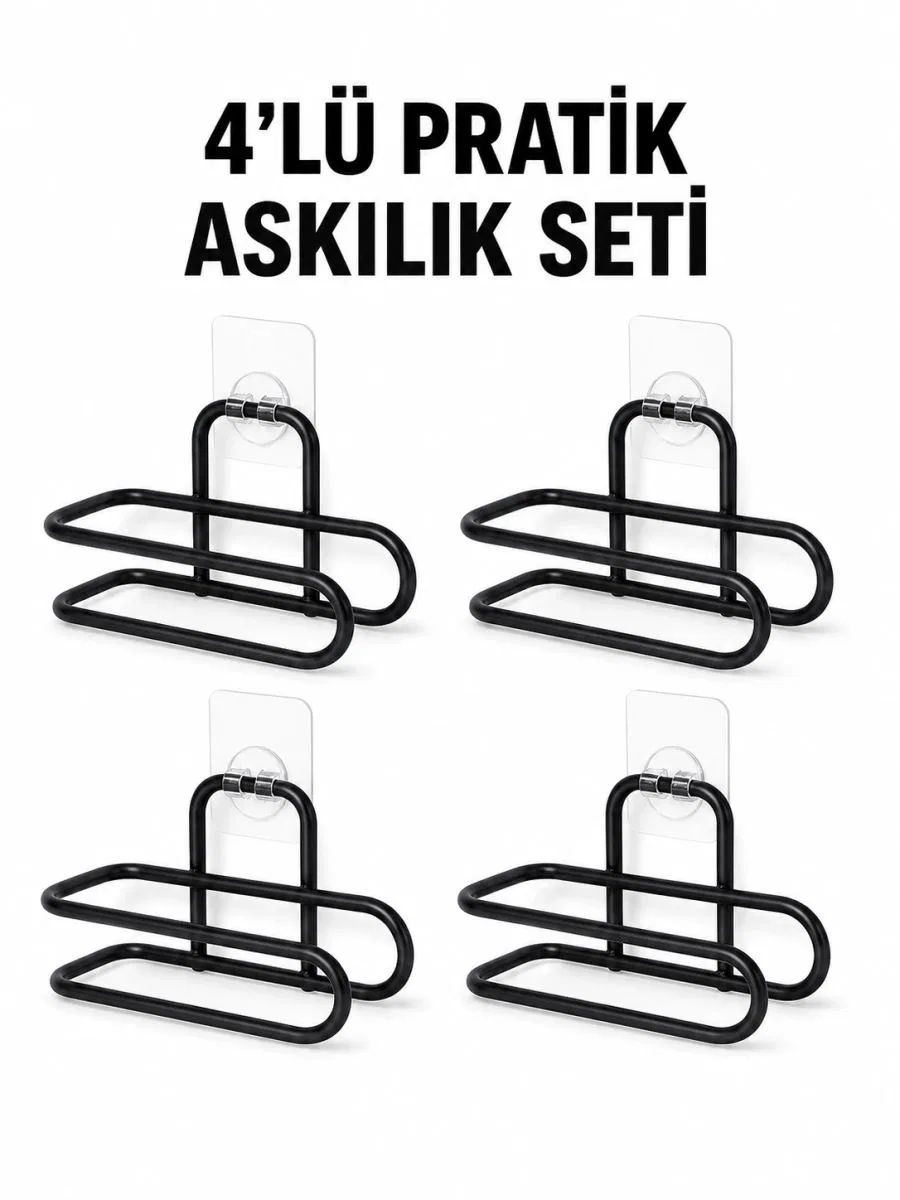 Siyah Metal Wc Kağıtlık Yapışkanlı Duvar Tipi Tuvalet Kağıdı Tutucu Seti 4 Adet