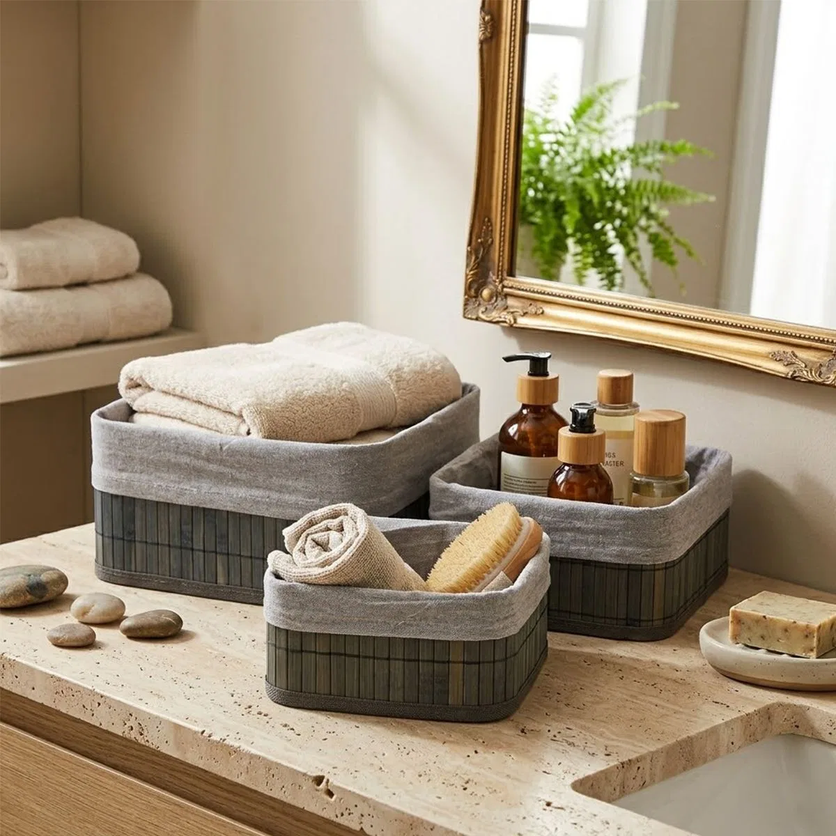 Kare Bambu Kenarlı Organizer Sepet - Bezli Ahşap Taban (3 Boy, 17x21x25 cm) görsel 3