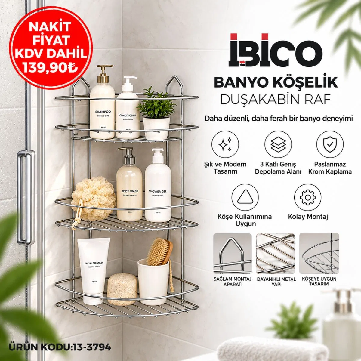 Üç Katlı Üçgen Metal Banyo Köşeliği Krom görsel 6