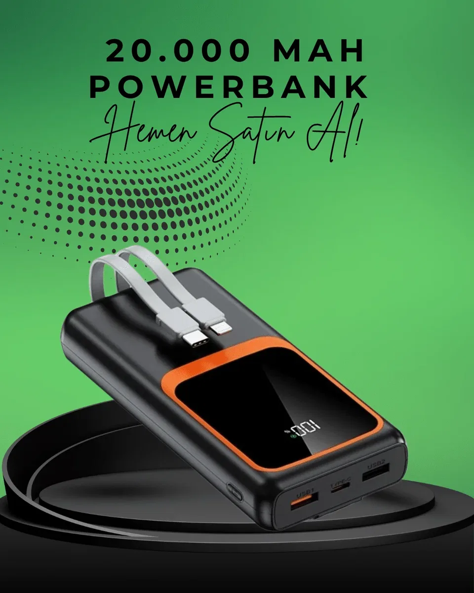 20000 mAh Taşınabilir Powerbank | Çok Kablolu, Hızlı Şarj Destekli (22. 5W)