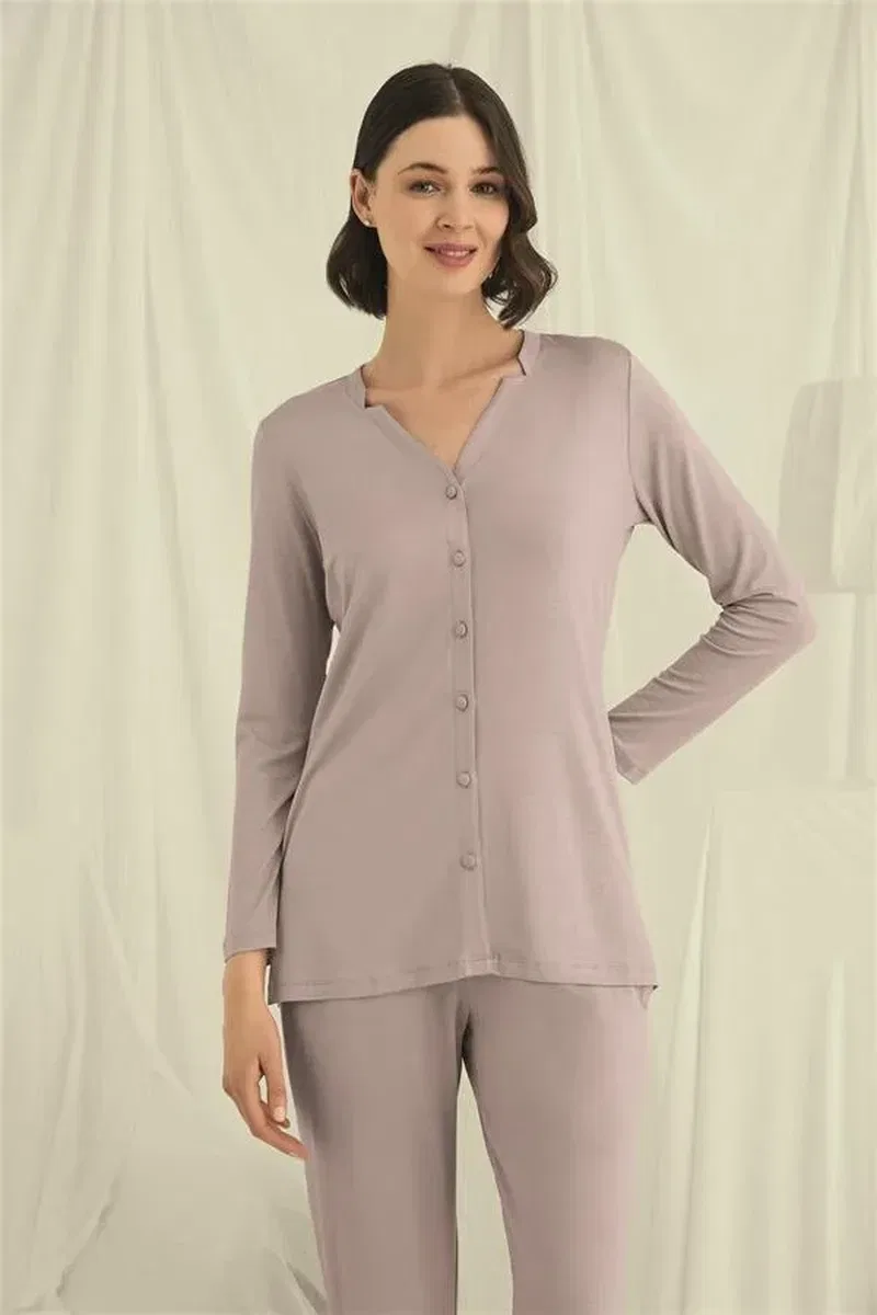 Uzun Kollu Boydan Düğmeli V Yaka Pijama Takımı görsel 5
