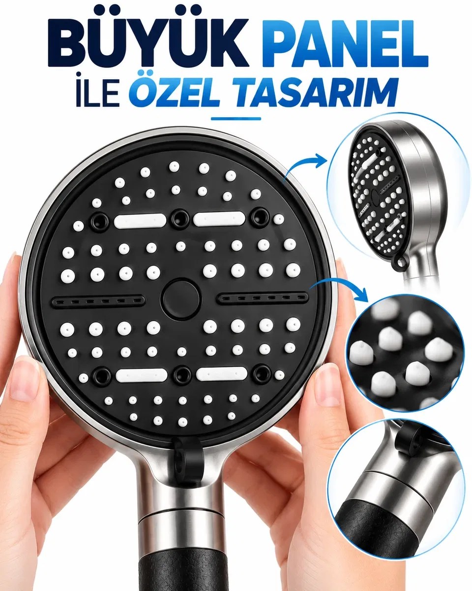 6 Sprey Modlu Filtreli Duş Başlığı Büyük Su Paneli Silikon Nozullu Modern Tasarım görsel 3