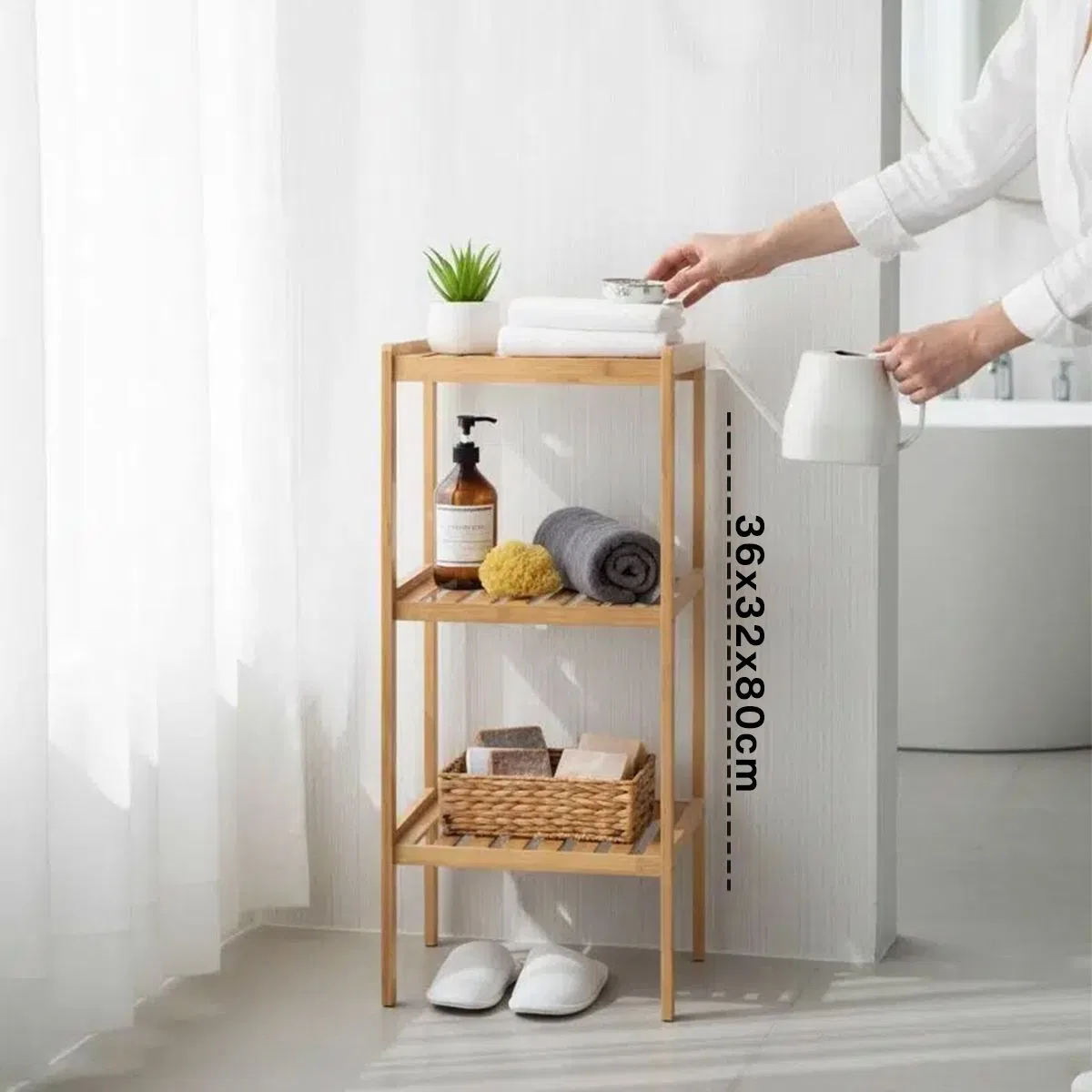 3 Katlı Çok Amaçlı Ahşap Bambu Raf Organizer 36x32x80 cm görsel 2