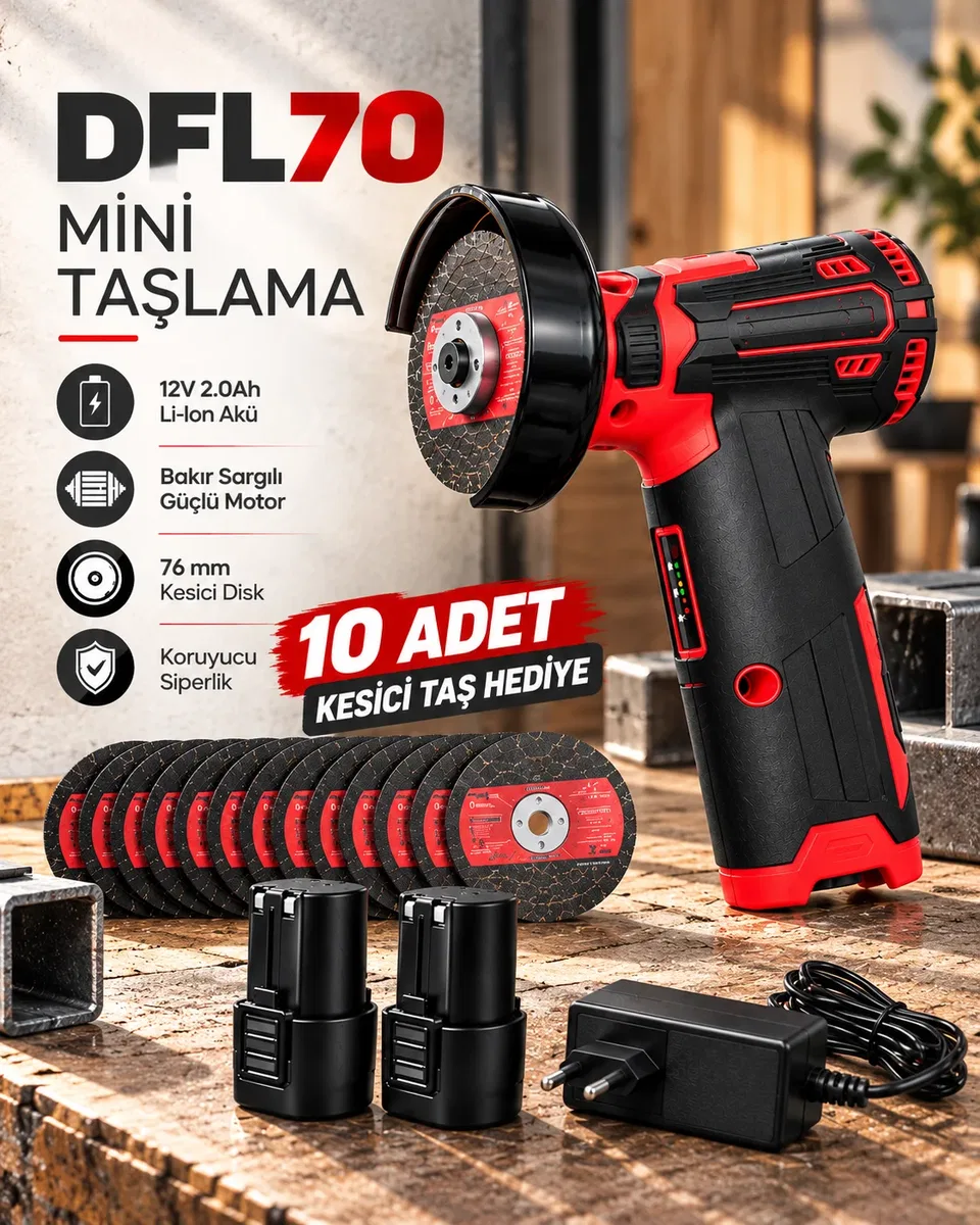 DFL70 Mini Taşlama 12V 2. 0Ah Li-Ion Çift Akülü 76 mm Kesici Disk 10 Adet Kesici Taş Hediyeli