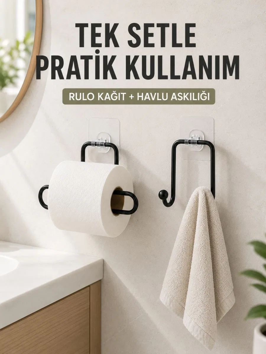 Banyo Ve Mutfak İçin Yapışkanlı Havlu Askılığı Ve Rulo Kağıt Tutucu Set