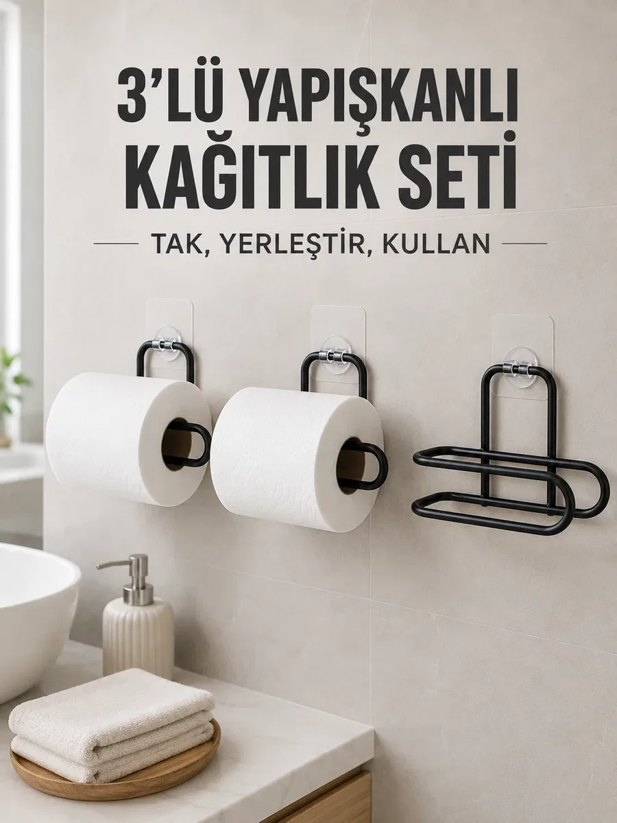 3 Adet Yapışkanlı Rulo Tutucu Siyah Metal Tuvalet Kağıdı Askısı