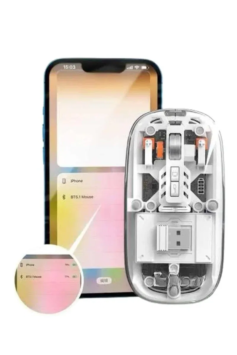 Mouse Fare Kablosuz Mouse Fare Şarjlı Bluetooth Sessiz 5 Tuşlu Şeffaf görsel 3