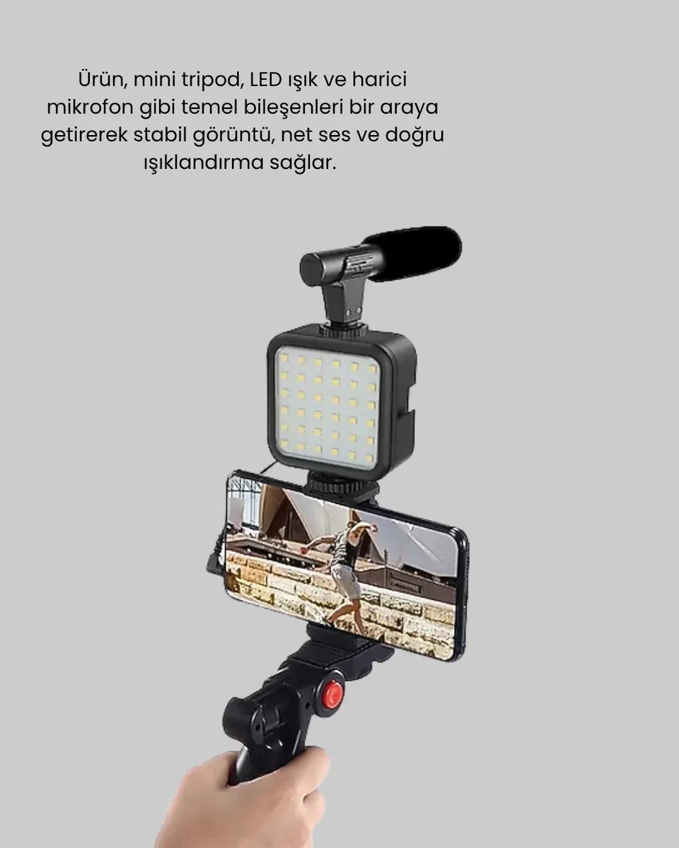 Telefon Video Çekim Kiti LED Aydınlatma Mikrofon Tripodlu Tam Set görsel 4