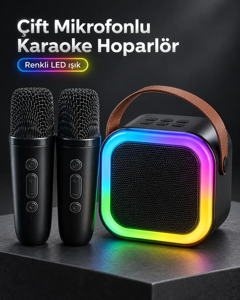 Taşıma Askılı Siyah LED Işıklı Bluetooth Hoparlör Çift Mikrofonlu Karaoke Seti