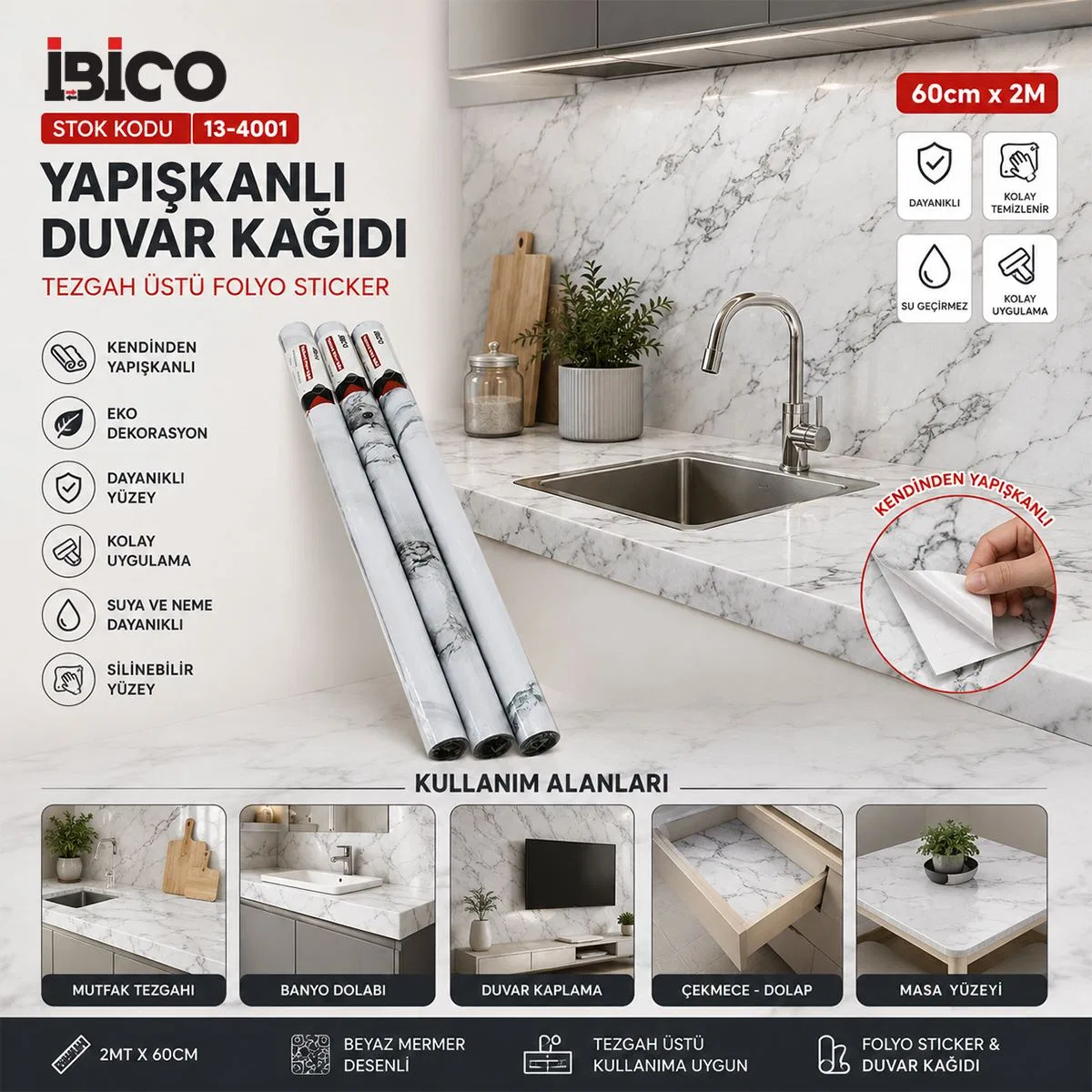 Beyaz Mermer Desenli Kendinden Yapışkanlı Folyo 2m x 60cm görsel 3
