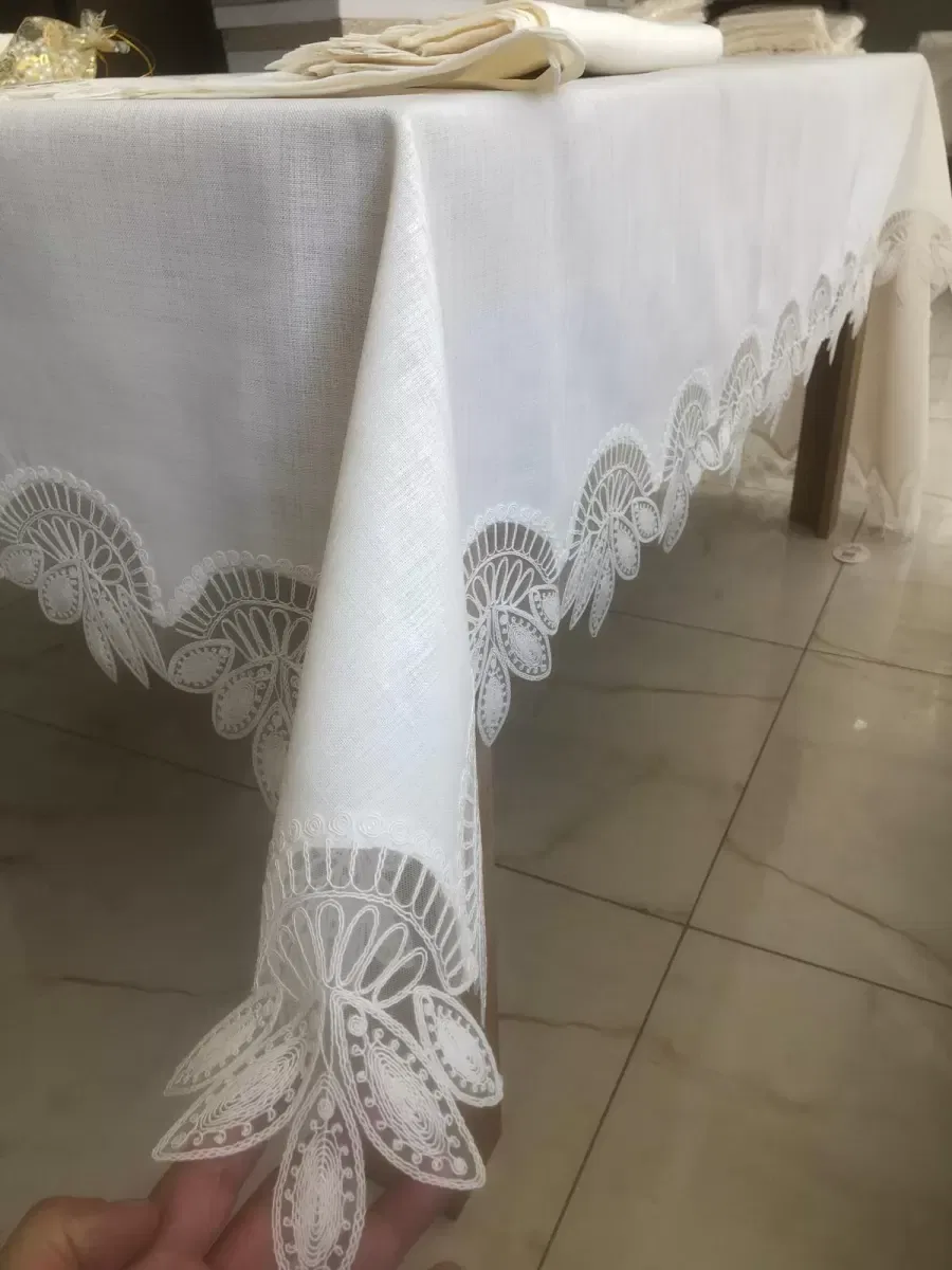Sofra Takımı Lady Gardenya Keten Yemek Takımı 160x220 Masa Seti 12 Kişilik 26 Parça Runner Set Krem görsel 4