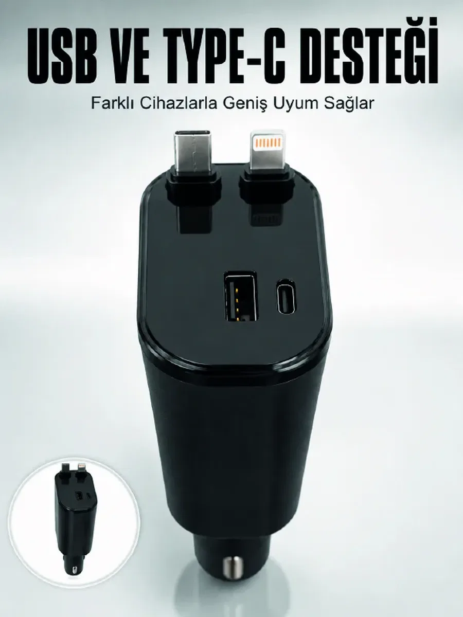 Araç Çakmaklık Şarj Cihazı 120W Type-C & Lightning Kablolu Çoklu Hızlı Şarj İstasyonu