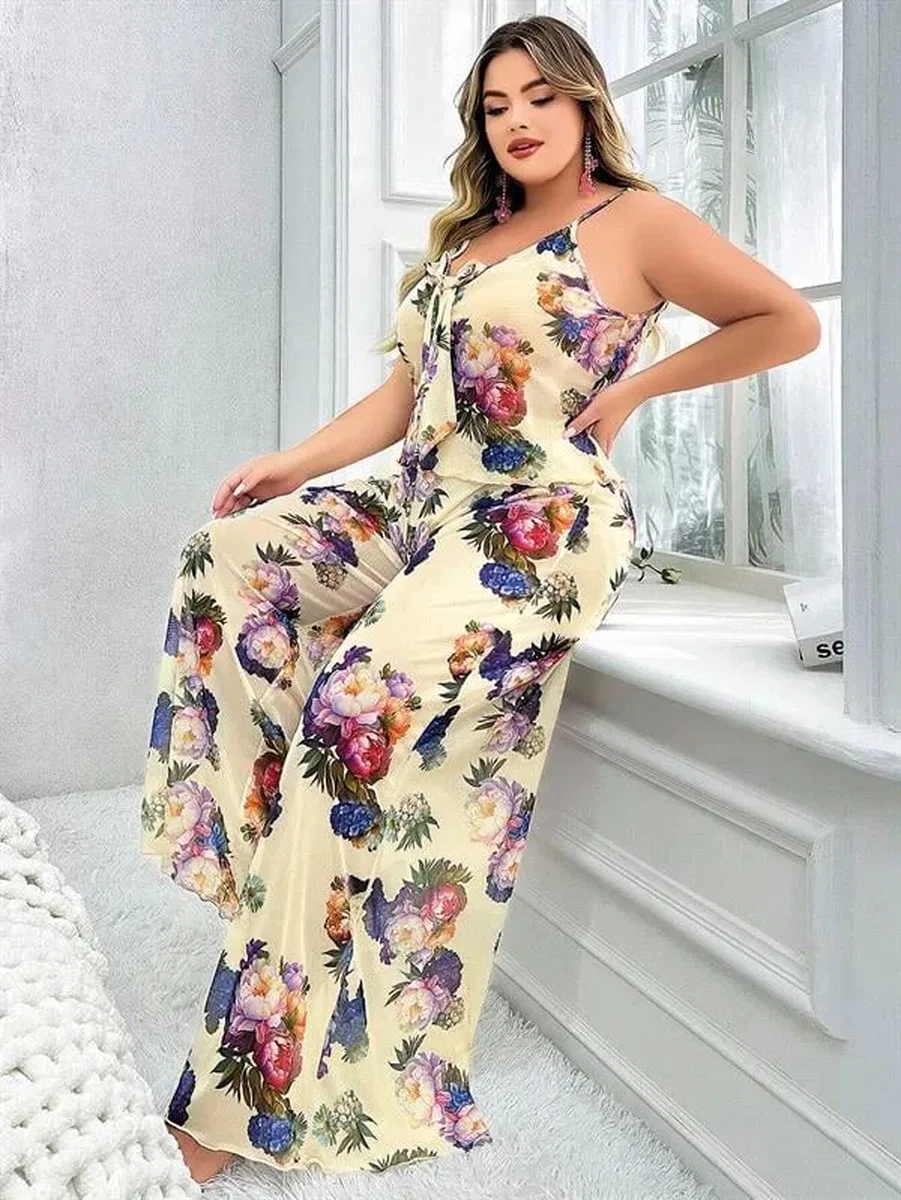 Özel Tasarım Büyük Beden Çiçek Desenli İnce Askılı 2'li Pijama Takımı
