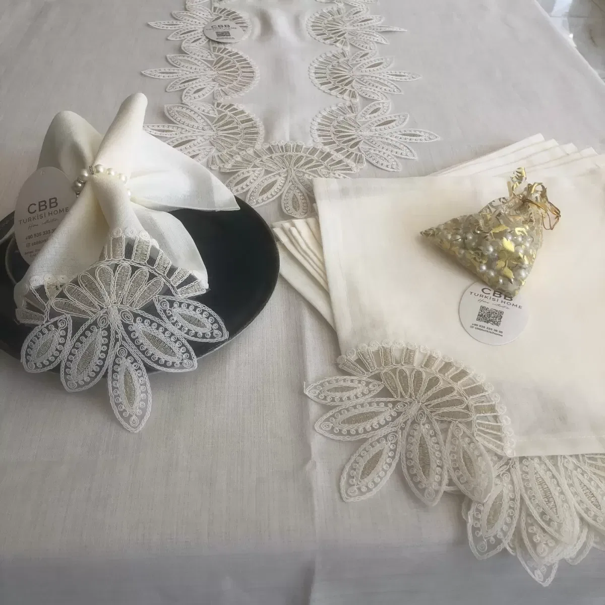 Sofra Takımı Lady Gardenya Keten Yemek Takımı 160x220 Masa Seti 12 Kişilik 26 Parça Runner Set Kreme Gold görsel 8