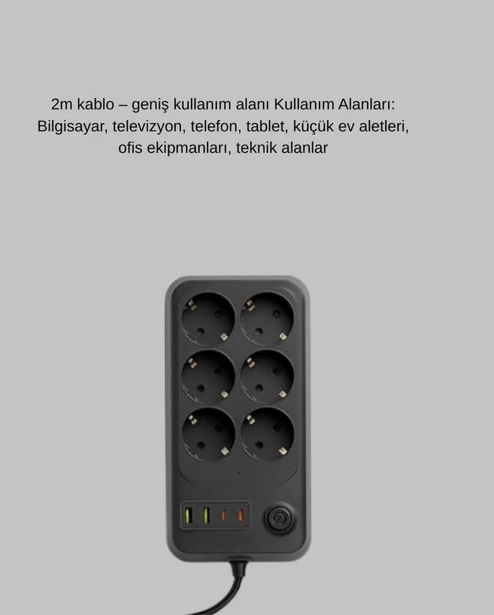 Akım Korumalı 6’lı Priz 2xusb 2xtype-c Çıkış Yüksek Gerilim Koruma Çoklu Priz Çoğaltıcı görsel 4