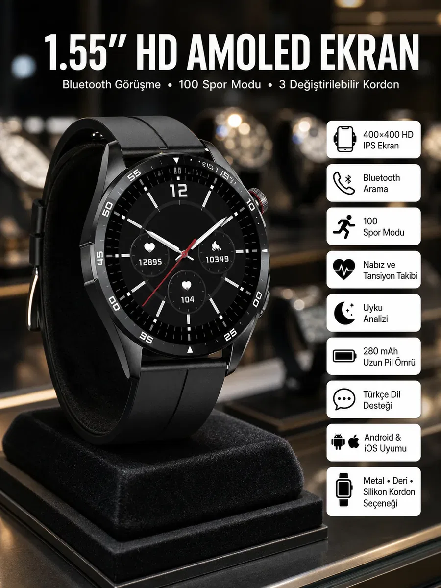 Amoled Ekran 3 Kordonlu Akıllı Saat 5. 0 Bluetooth Bağlantılı Android ve İOS Uyumlu