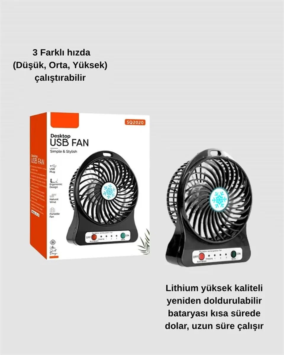Mini Vantilatör Masaüstü – USB Girişli, Şarjlı, 3 Kademe, Sessiz Motor, Işıklı görsel 3