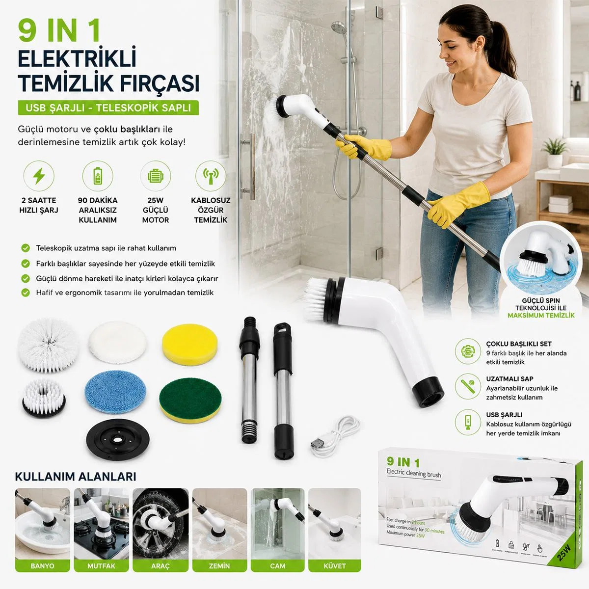 Şarjlı Elektrikli Temizlik Fırçası 9in1 25W Kablosuz Hızlı Şarj görsel 3