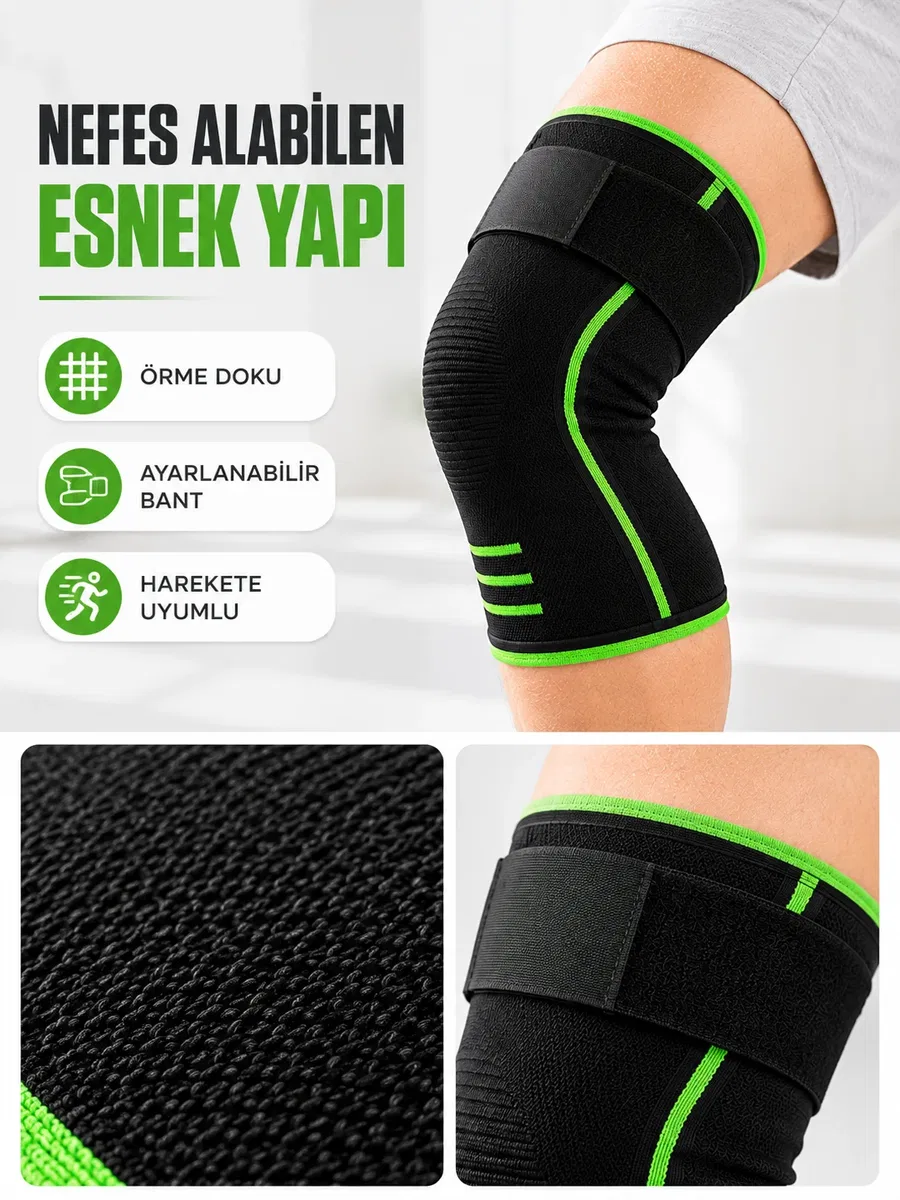 Sporcu Dizliği Siyah Yeşil Esnek Nefes Alabilen Destek Bantlı Dizlik