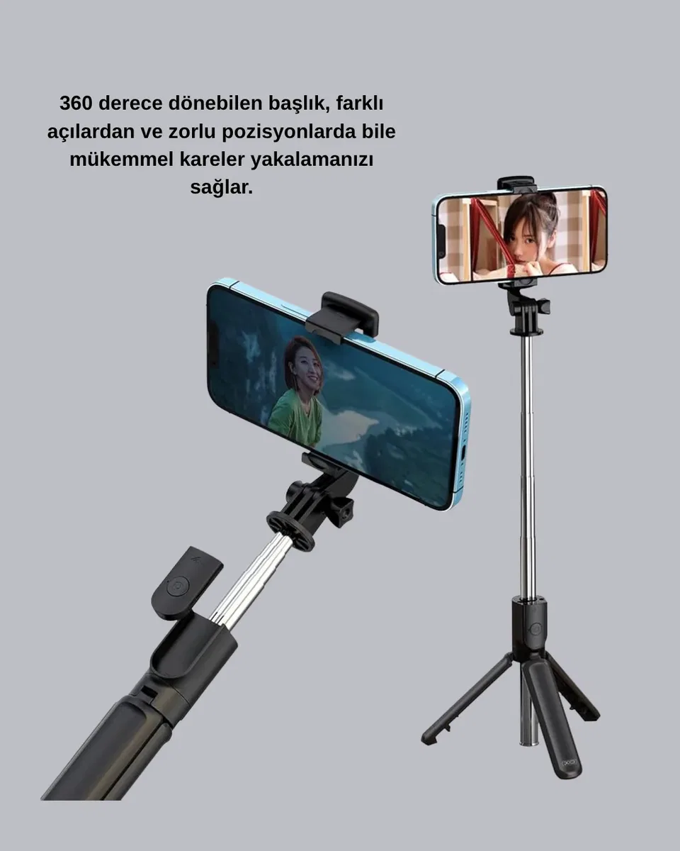 Bluetooth Selfie Çubuğu – 360° Dönebilen Başlık, Kablosuz Bağlantı görsel 2
