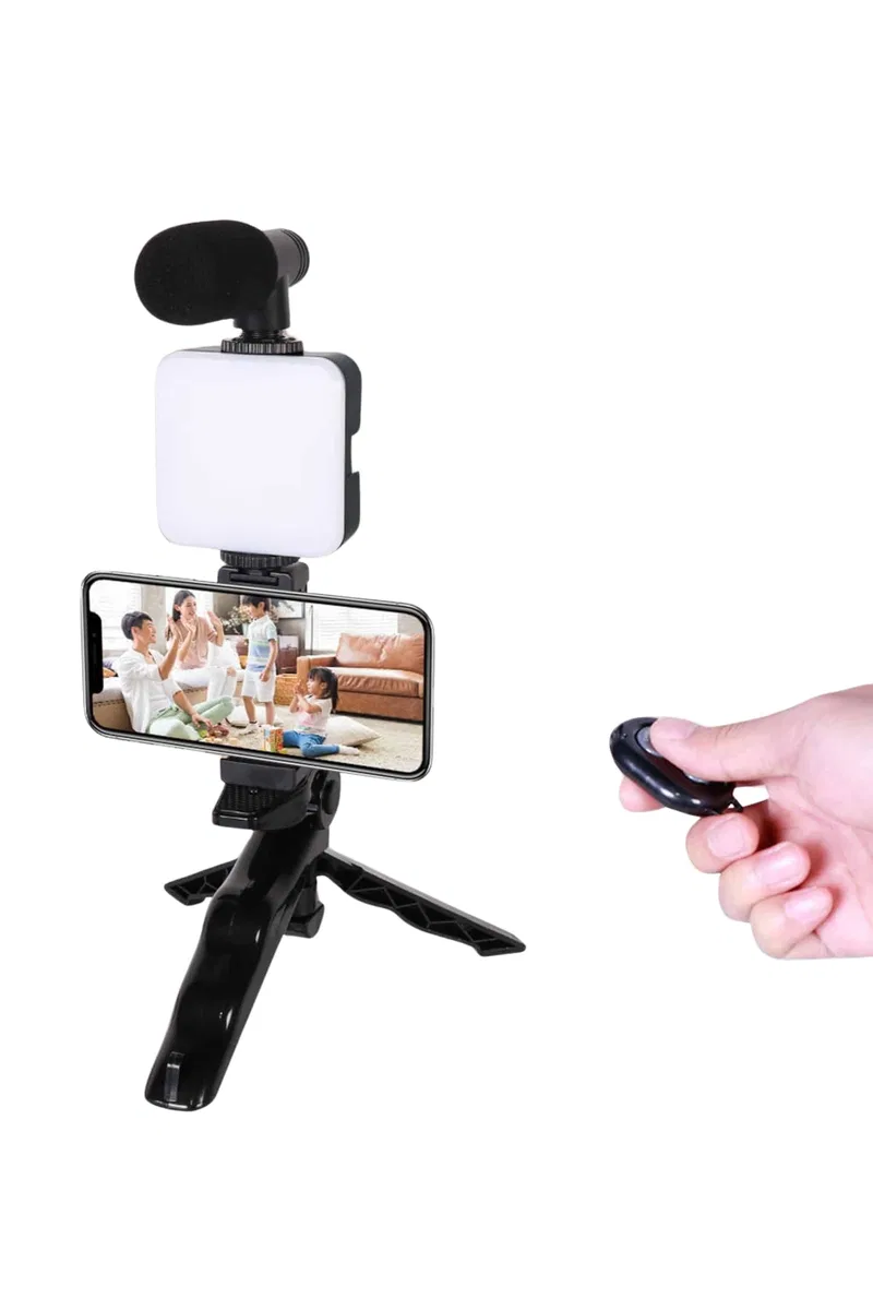 Telefon Tutucu Led Işıklı Kumandalı Mikrofon Telefon Vlog Video Kayıt Yeni Nesil görsel 2