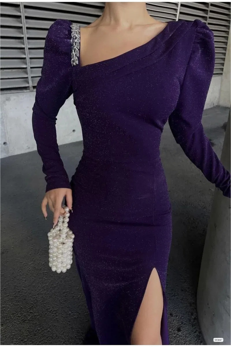 Kadın Modern Stil Kayık Yaka Taş Detaylı Uzun Kollu Abiye Elbise görsel 8