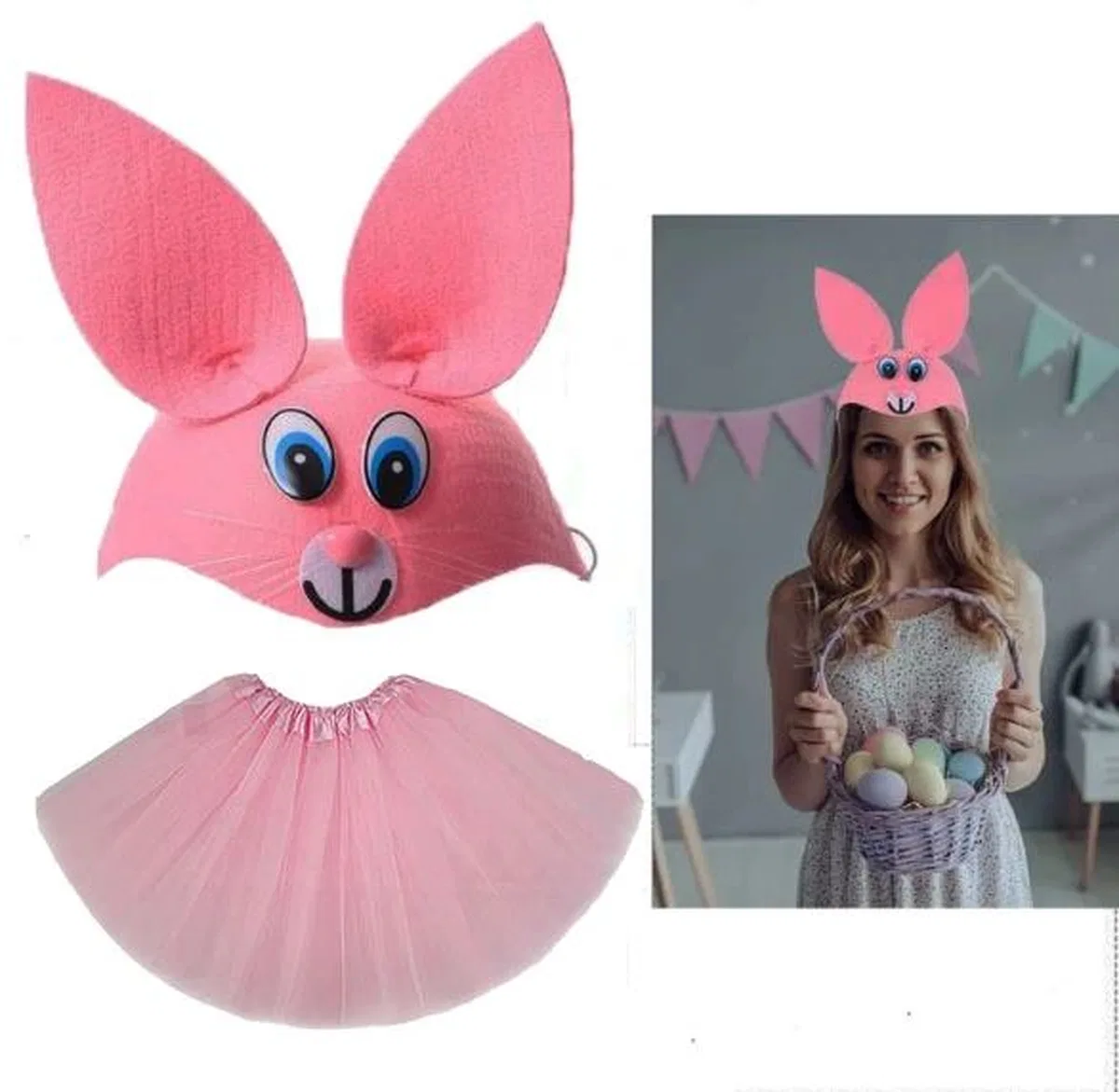 Tavşan Kostümü Pembe - 23 Nisan Tavşan Şapka Ve Tütü Etek Seti 2 Parça