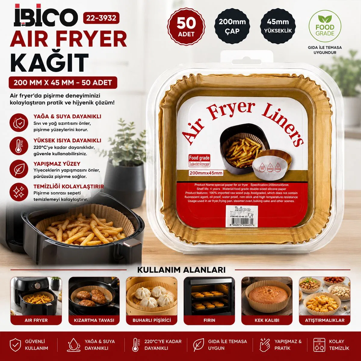 Kare Kağıt Air Fryer Pişirme Kalıbı 20 x 4. 5 cm - 50 Adet görsel 3