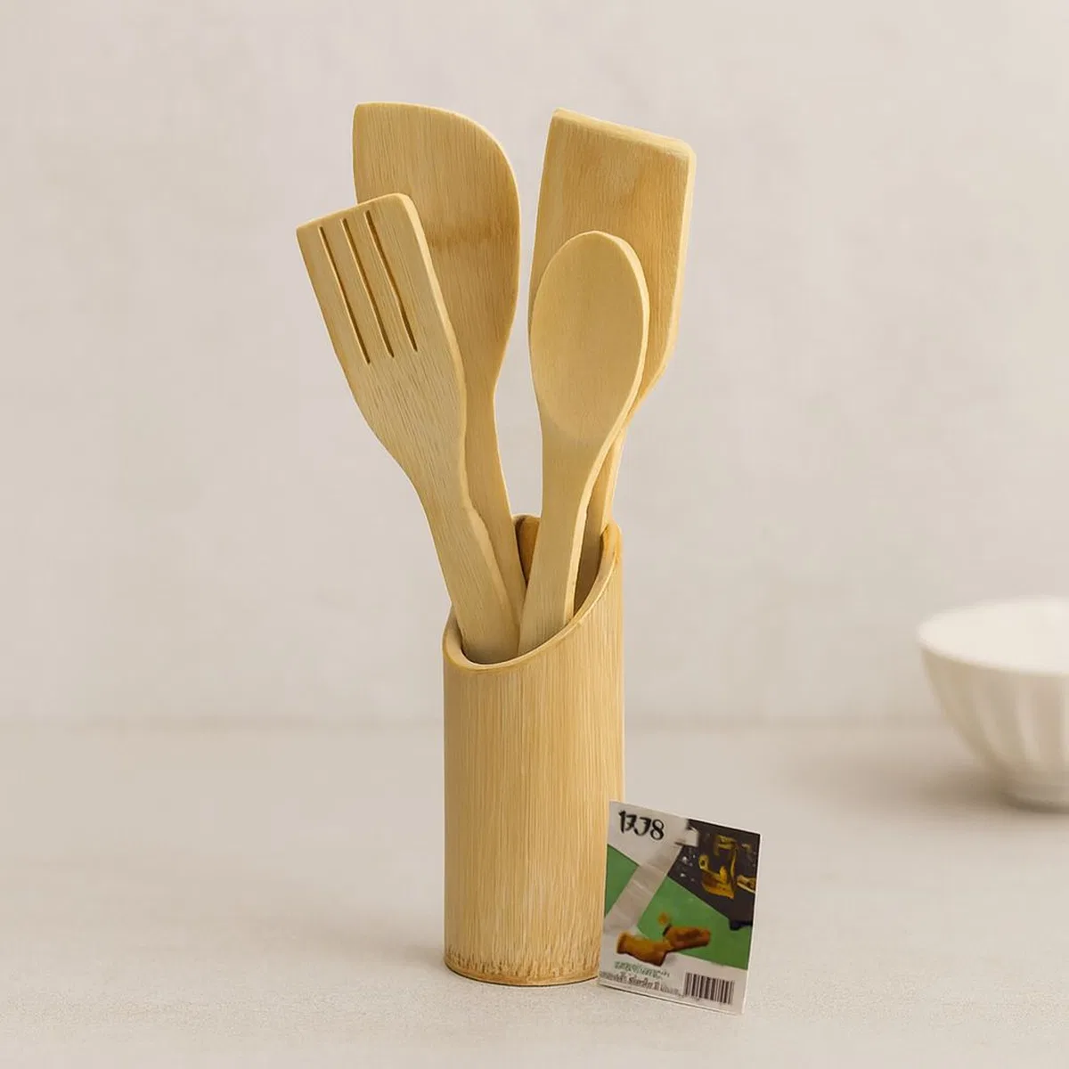 Ahşap Bambu Mutfak Servis Seti 5 Parça (Kaşık, Çatal, 2 Spatula, Stand) 27. 5/30 cm