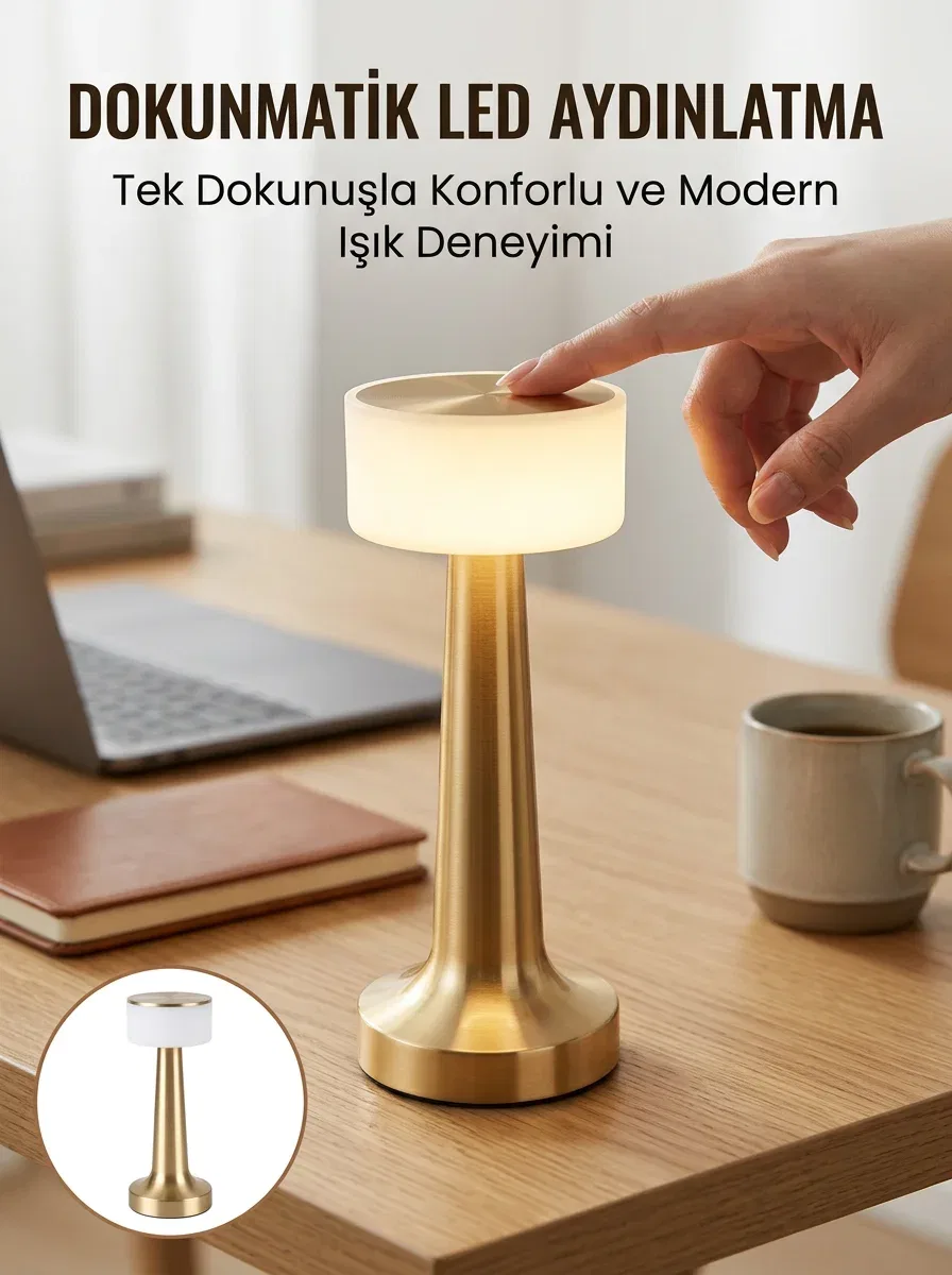 Kablosuz Renkli Masa ve Gece Lambası Altın Rengi Dokunmatik Led Lamba Yeni Nesil