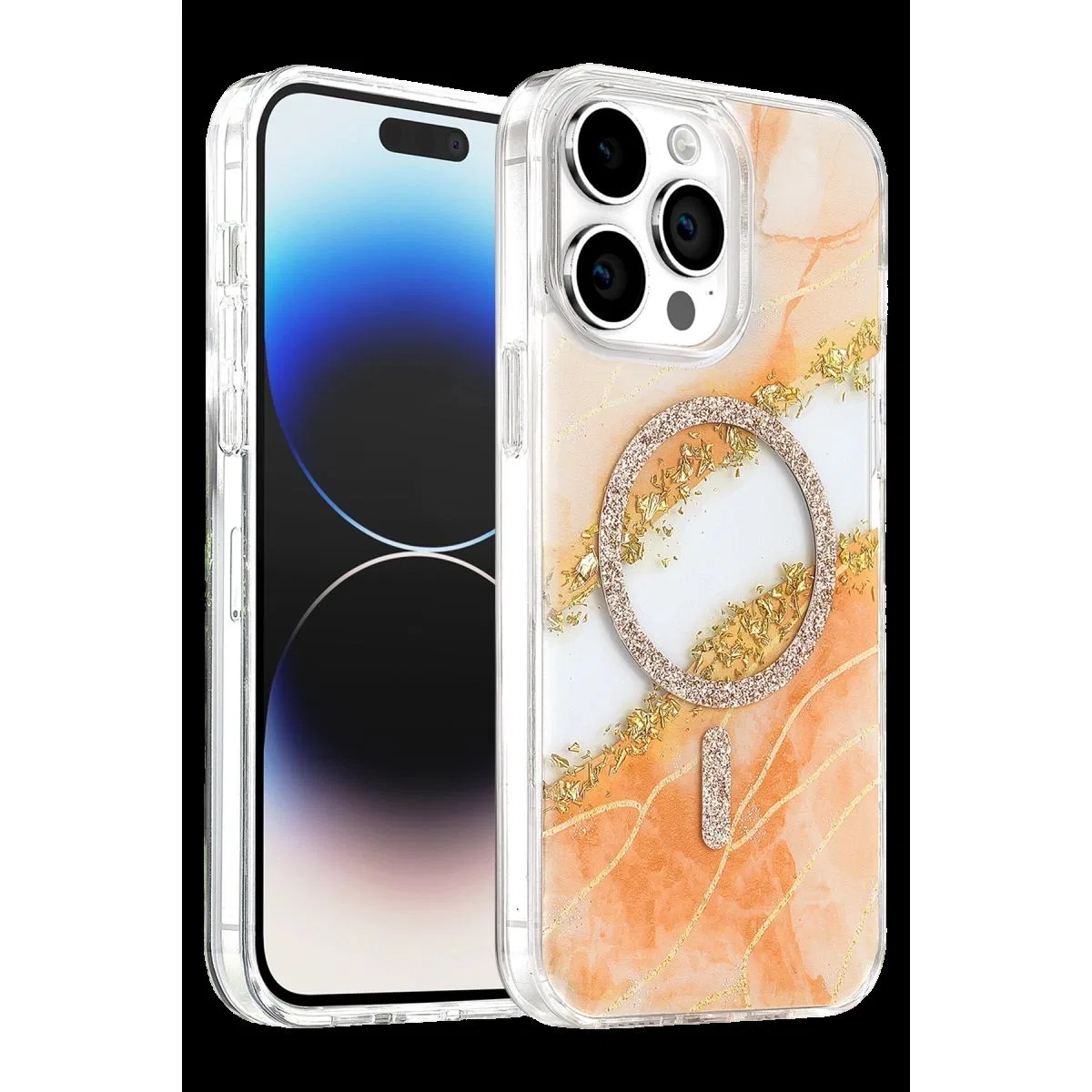 Onegif Apple İphone 15 Pro Max Lotus Simli Magsafe Kapak - Turuncu
