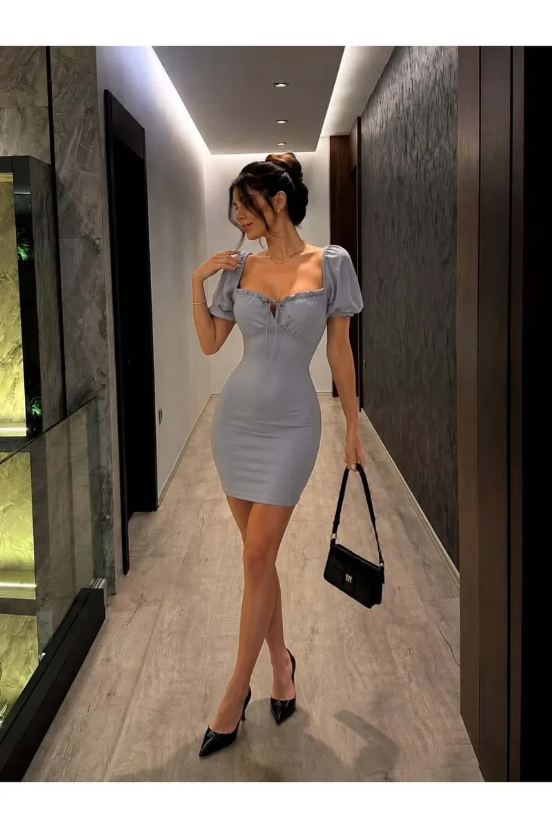 Kadın Tasarım Kısa Kol Krep Kumaş Bodycon Abiye Elbise görsel 8