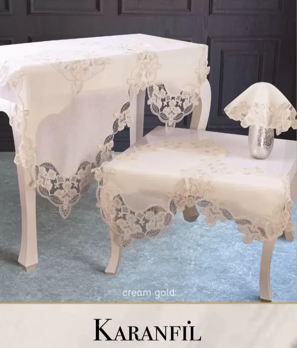 Salon Takımı 5 Parça Linen Keten Masa Örtüsü Runner Seti Çeyizlik Karanfil Model Krem-Gold görsel 4