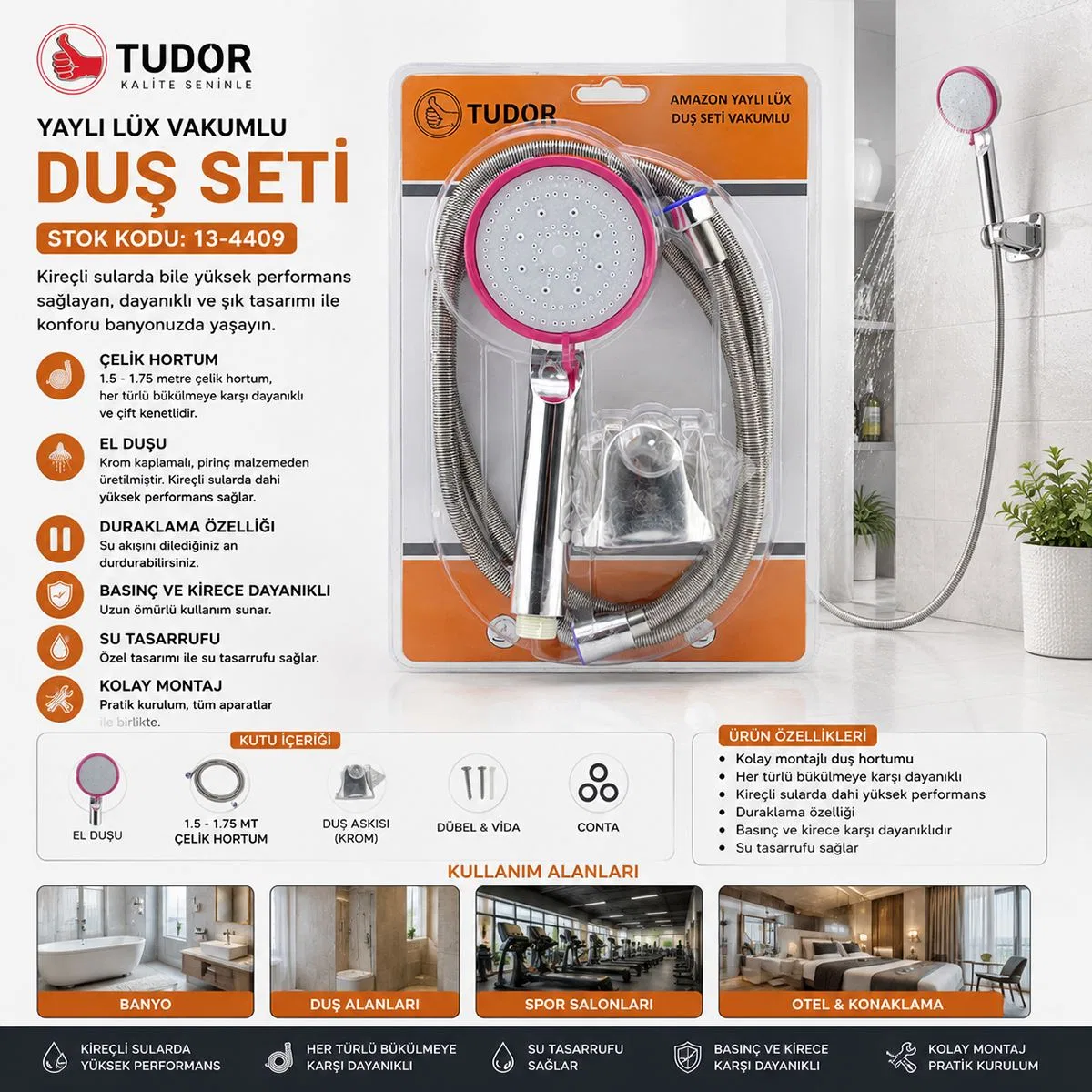 Krom Vakumlu Lüks Duş Seti - 150 cm Metal Yaylı Hortum görsel 5