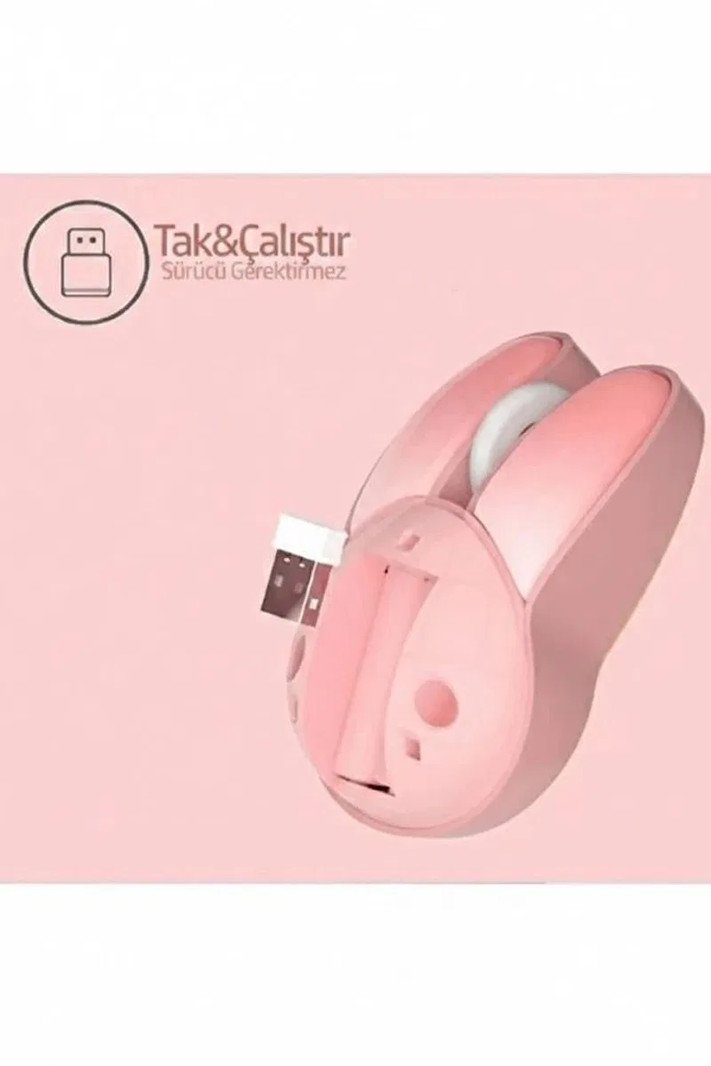 Tavşan Figürlü Kablosuz Mouse Pil Dahil Etiket Hediyeli Pembe görsel 4