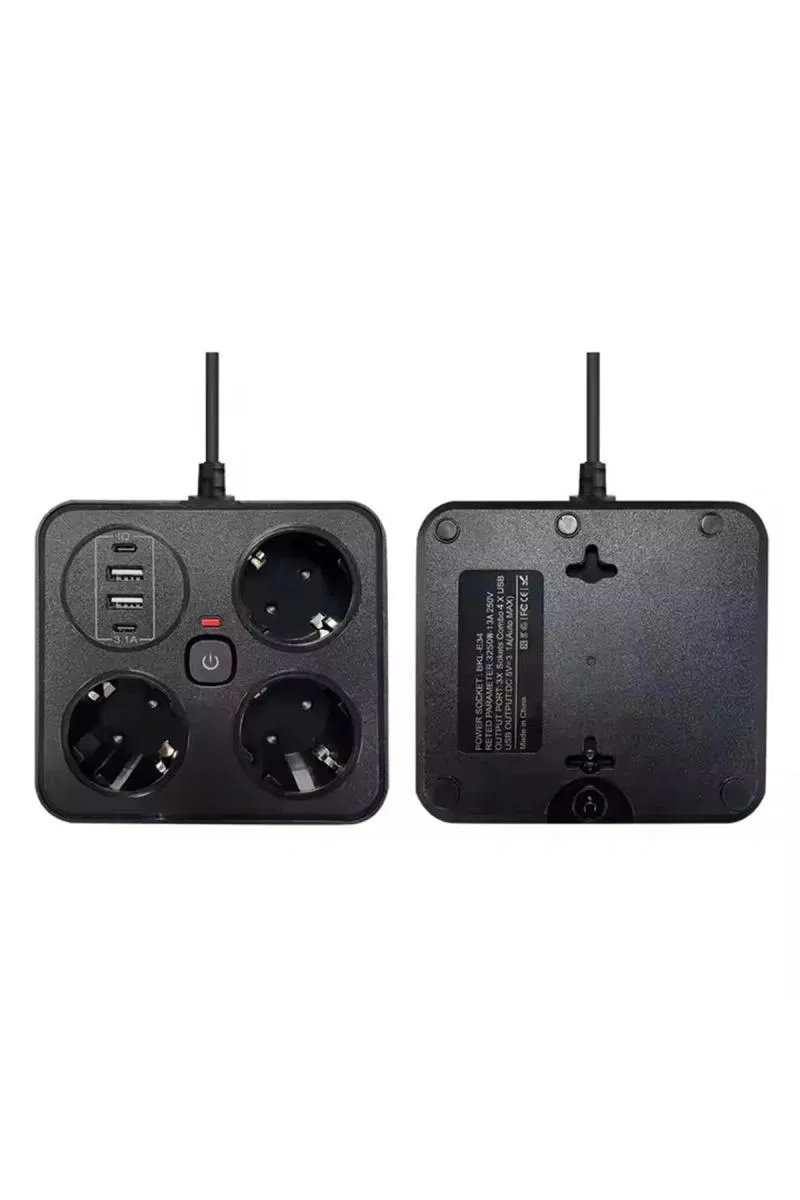 Akım Korumalı Anahtarlı Priz - 3x Priz - 2x Usb - 2x Type-c - 2 Mt Kablo Hızlı Şarj Özellikli Siyah