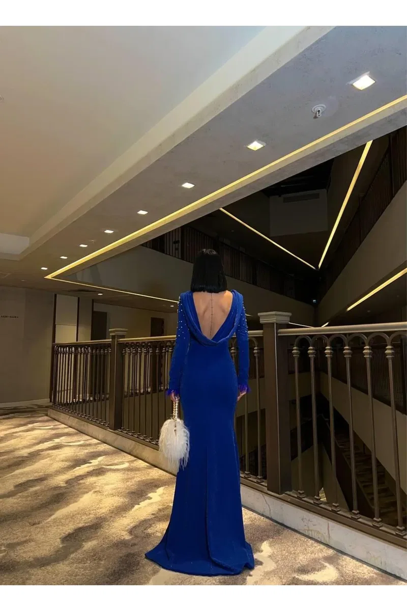 Kadın Günlük Krep Degaje Yaka Uzun Kol Balık Kesim Abiye Elbise görsel 3