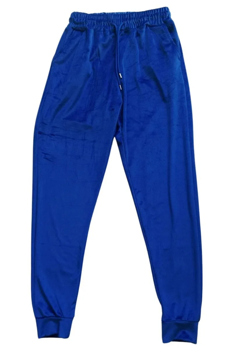 Parlak Kadife Cepli Pantolon Eşofman Pijama Altı Uni Lastikli Paça Mavi