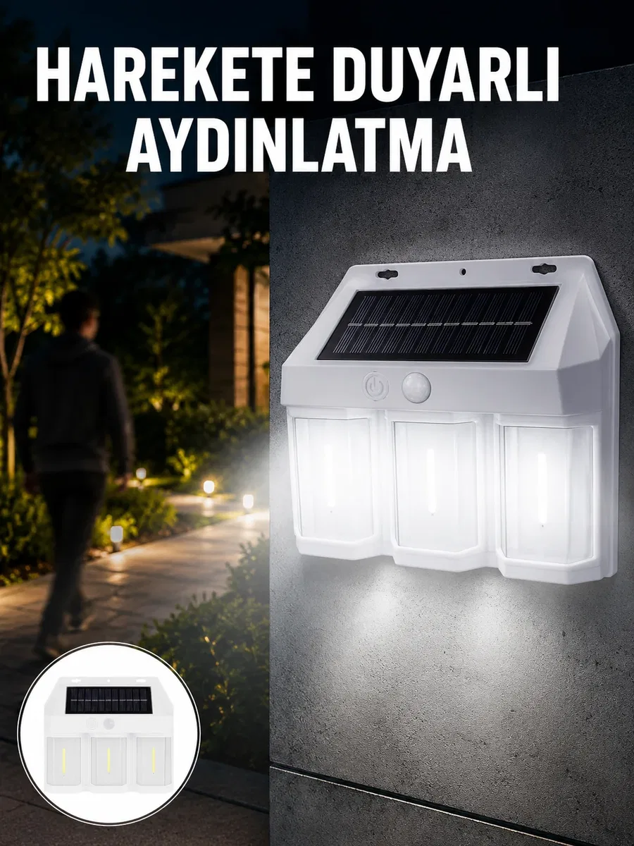 3 in 1 Solar Duvar Lambası – IP65 Su Geçirmez, Hareket Sensörlü Yeni Nesil