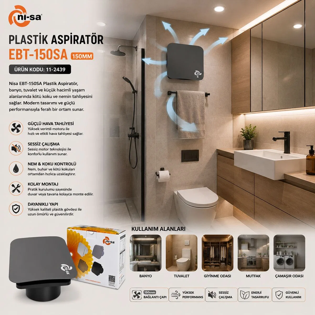 150 mm Banyo Tuvalet Havalandırma Aspiratörü 20W 320 m³/h görsel 4