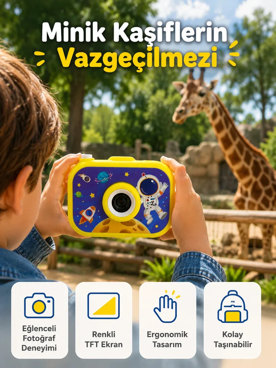 Çocuk Dijital Kamera HD Fotoğraf ve Video Çekimi 2. 0 İnç TFT Ekran Type-C Şarjlı Mini Tripodlu