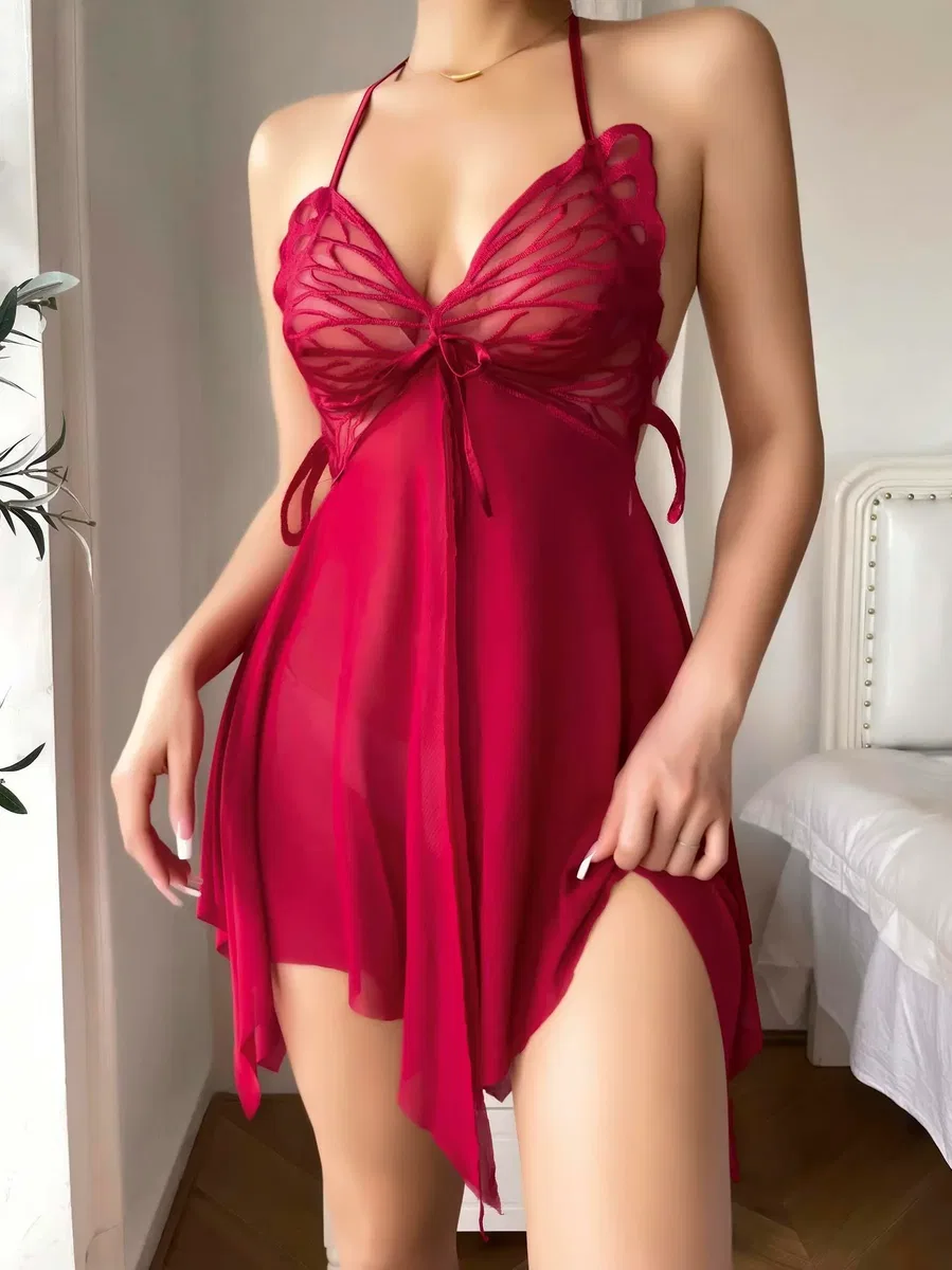 Kadın Bordo Kelebek Detaylı Tül Gecelik 2245 görsel 2