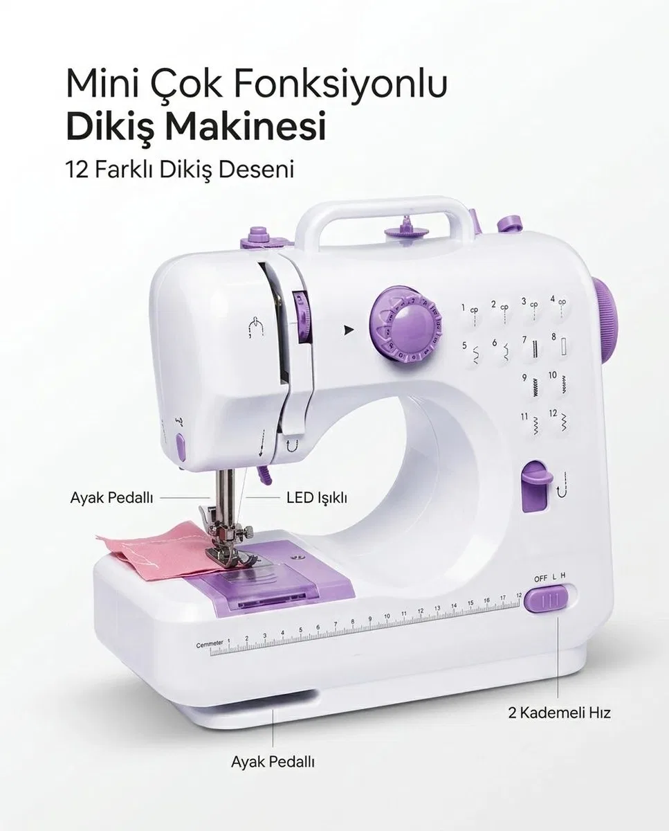 Kompakt Çok Fonksiyonlu Dikiş Makinesi 12 Desenli Ayarlanabilir Hızlı Ayak Pedallı görsel 3