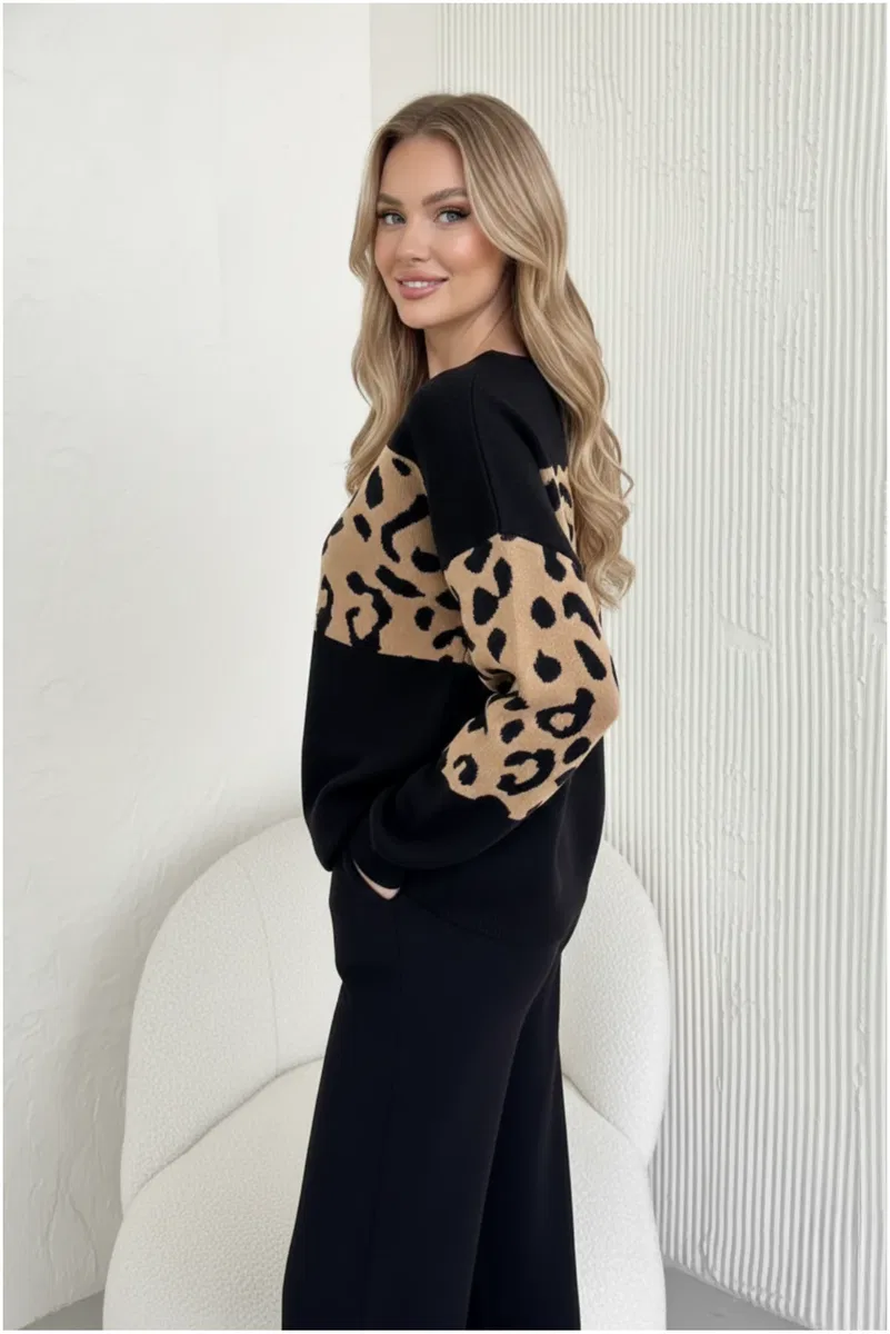 Kadın Şık Leopar Desenli Oversize Triko Takım Beyaz görsel 7